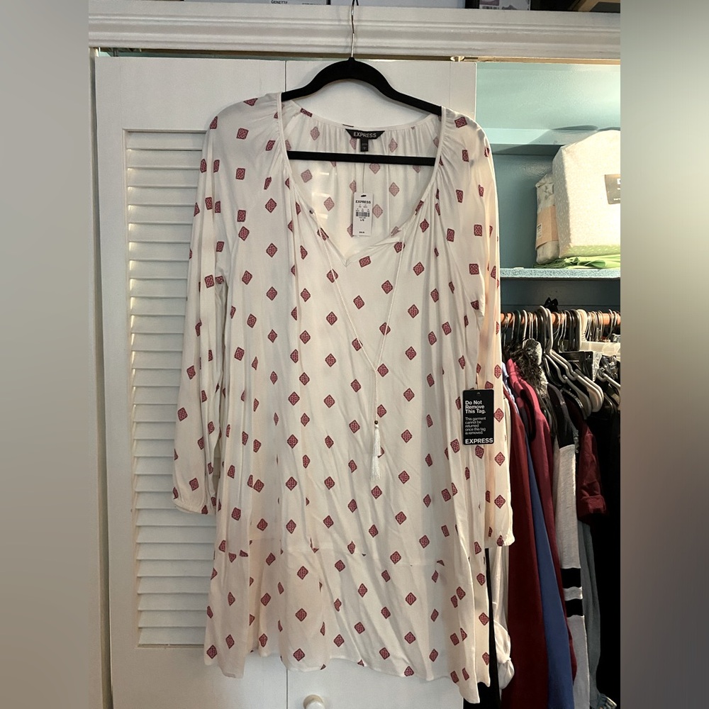 NWT Express Boho Paisley Peasant Style Tassel Tie Neckline Mini Dress Size Large